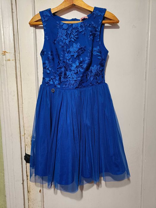 Кружевное синее платье Bicotone с юбкой-сеткой на змейке, размер 38