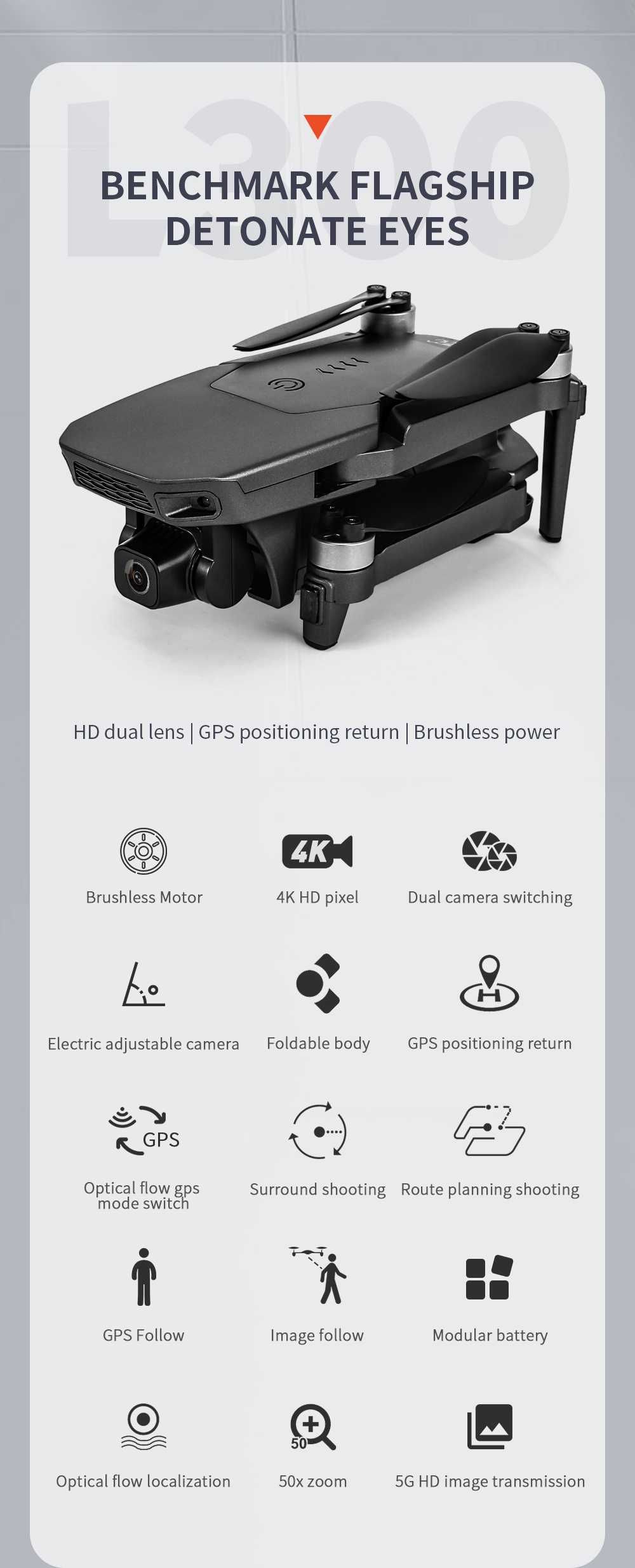 Dron L300 z GPS 4K FHD. 2.4 Gh. Wifi 5Gh. Nowy. Bezszczotkowe silniki