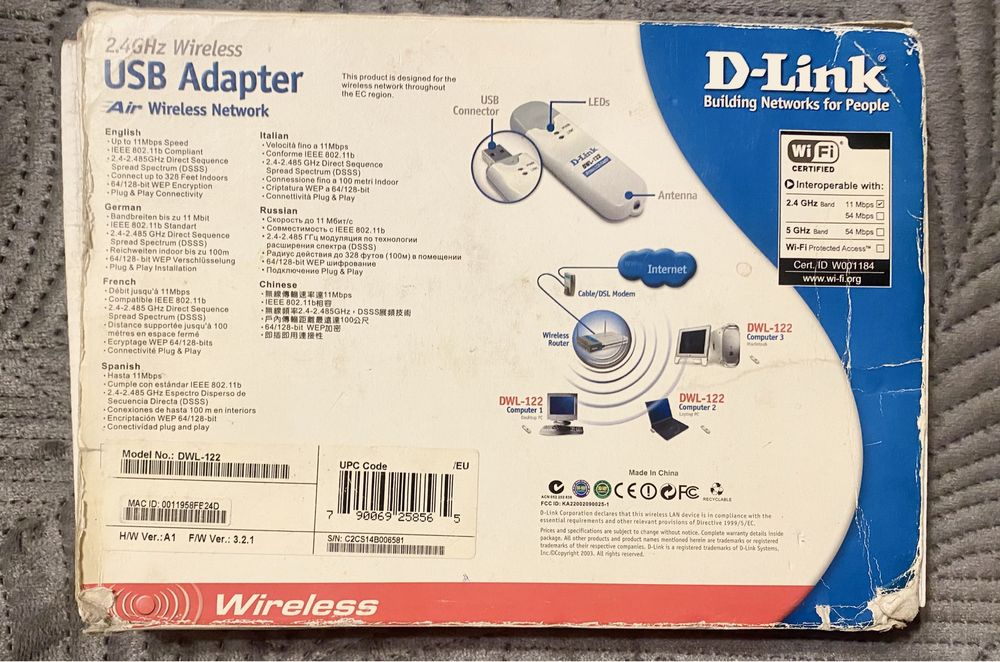 D-Link DWL-122 Adapter bezprzewodowy USB; 2.4GHz Wireless USB Adapter