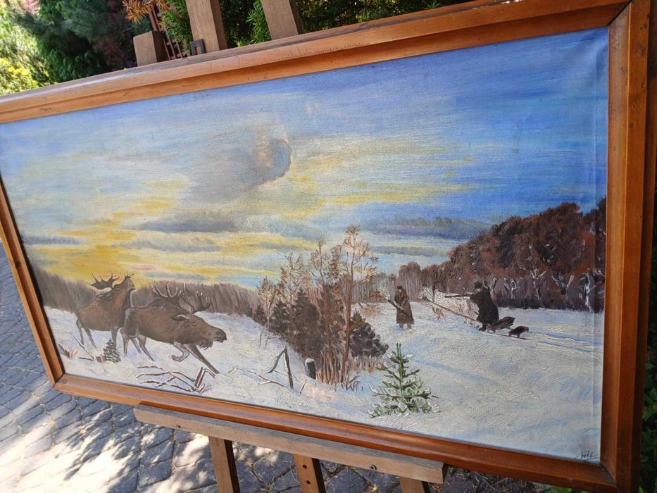 Obraz ręcznie malowany, stary Łosie, scenka na śniegu, polowanie 93x52