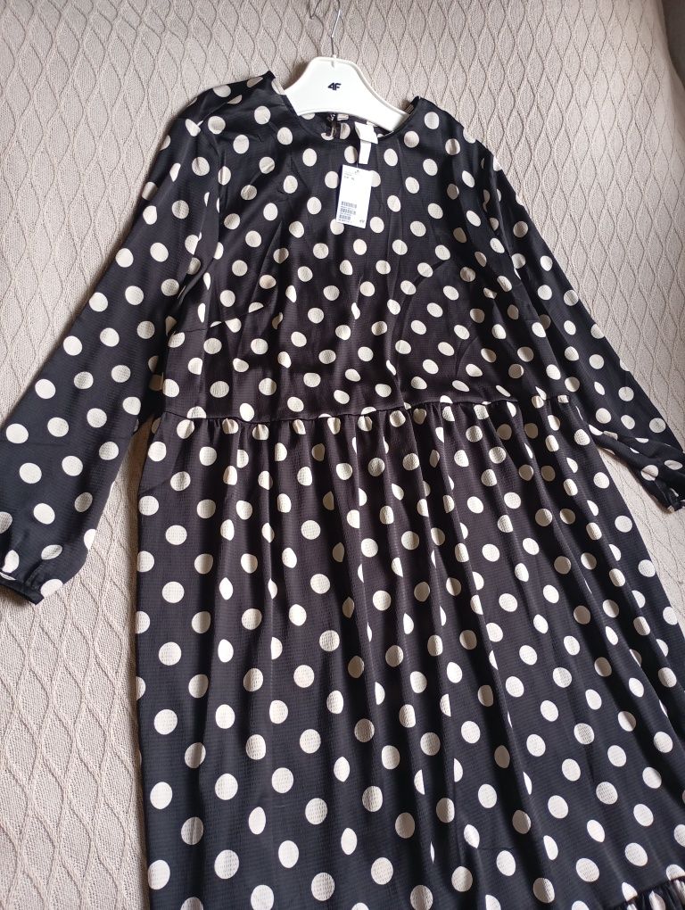 H&M XL czarna luźna NOWA długa sukienka w kremowe kropki midi maxi