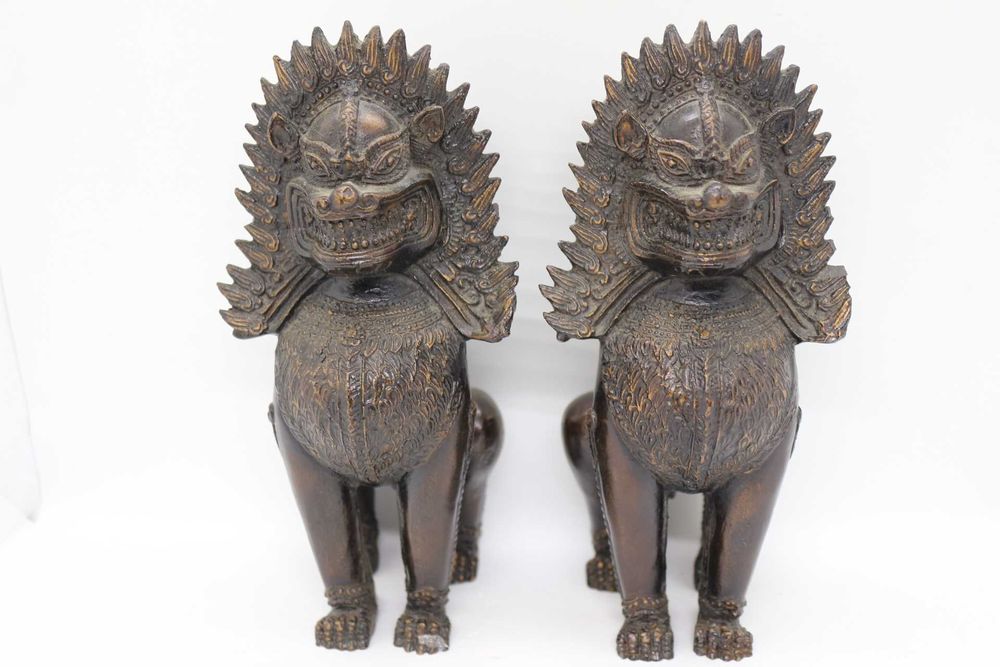 Par Antigas Estátuas Cães Foo Leão da Sorte Guardião Cambodia Dinastia