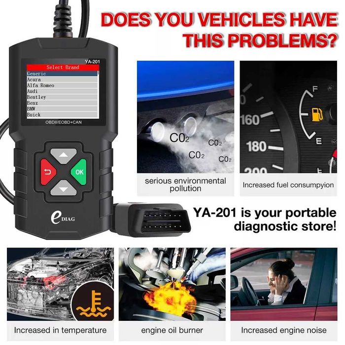 Діагностичний Сканер/Тестер Помилок OBD2/EOBD+CAN KINGBOLEN YA-201 США