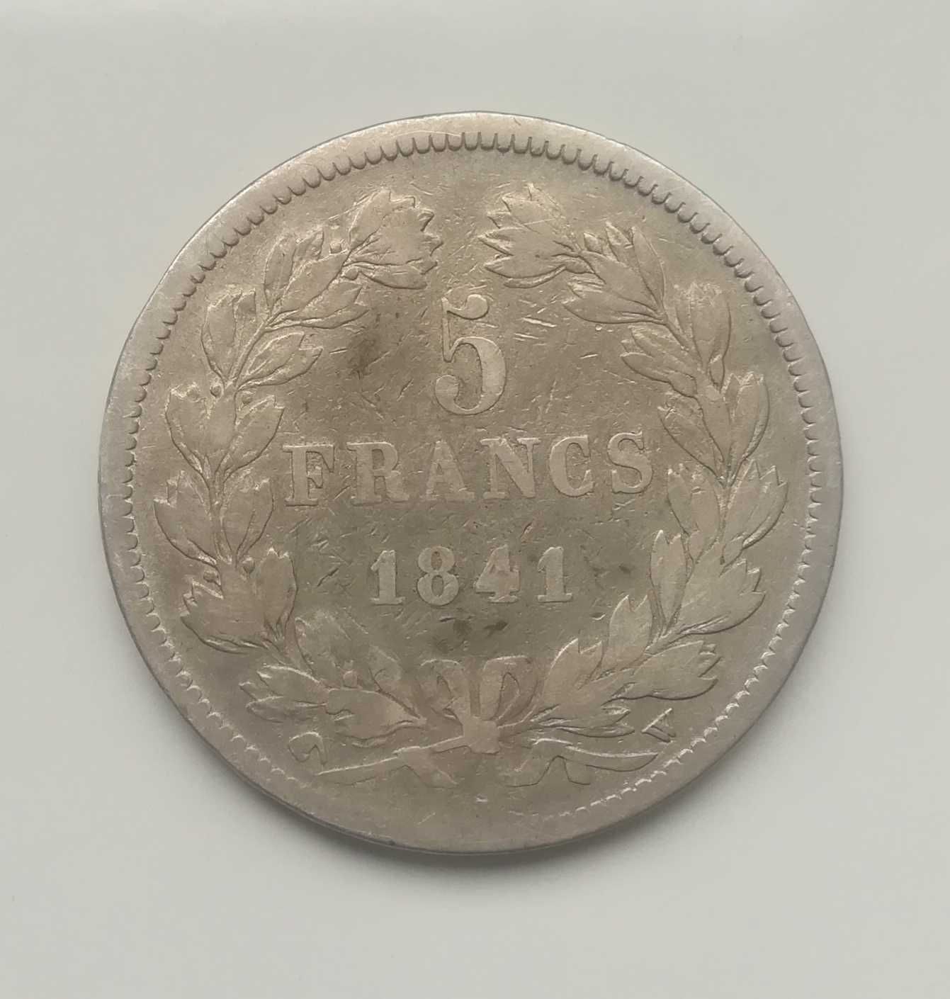 Moneta srebrna srebro 5 franków Francja z 1841 roku typ W. Monety Ag