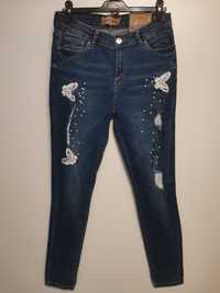 Skinny jeansy damskie Janina rozm 38, nowe, przetarcia, perełki