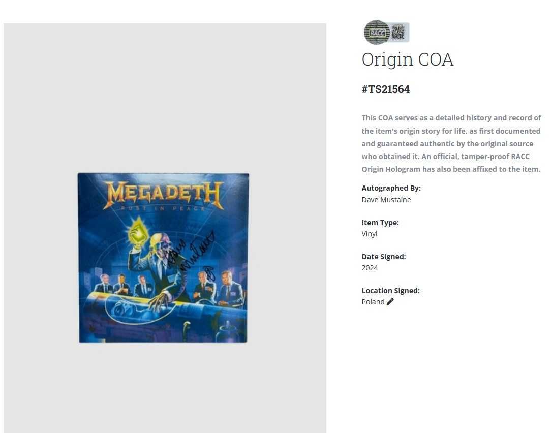 Dave Mustaine Megadeth Rust in Peace winyl z autografem + certyfikat
