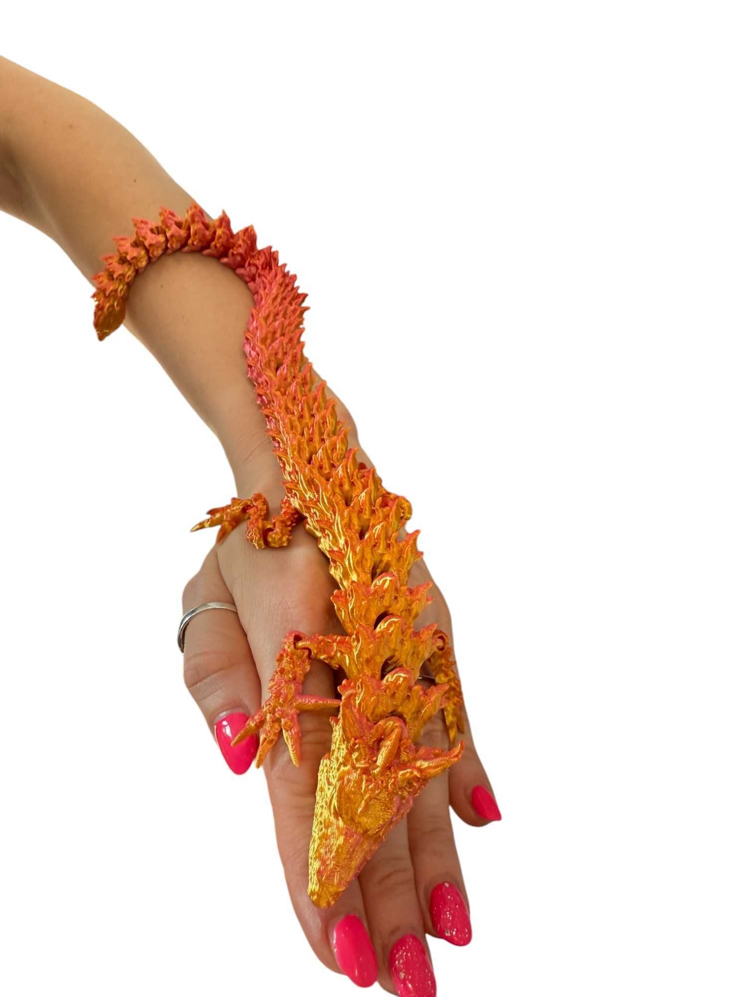 Ognisty Smok, Fire Dragon przegubowy, druk 3D różowo-żółty, ruchomy