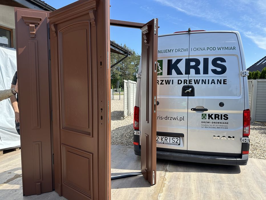 Drzwi zewnętrzne drewniane dwuskrzydlowe Na kazdy wymiar Montaż Polska