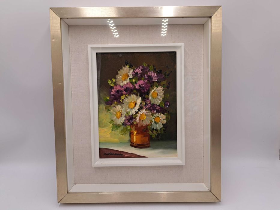 Obraz olejny na płótnie kwiaty w wazonie za szkłem sygn. L. Vanossi