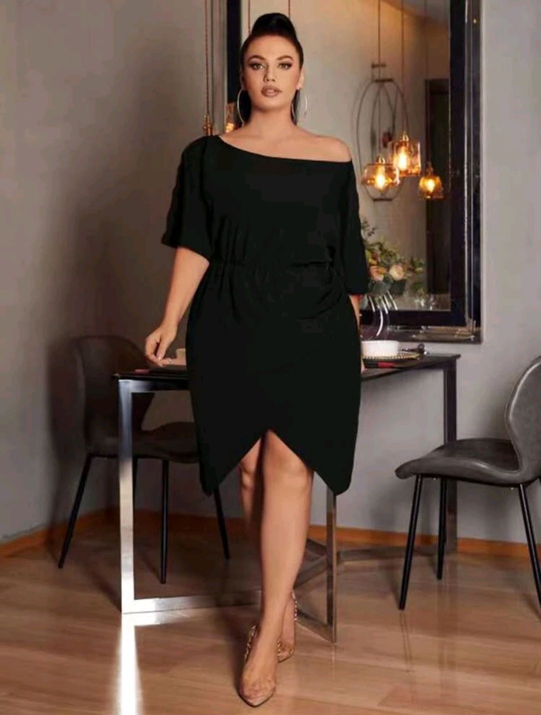 Nowa asymetryczna sukienka plus size, opadające ramię, dekolt łódkowy