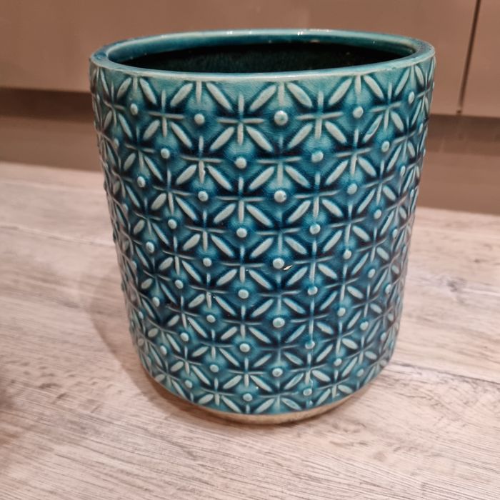 Osłonka doniczka ceramiczna turkusowa duża  niebieska złota