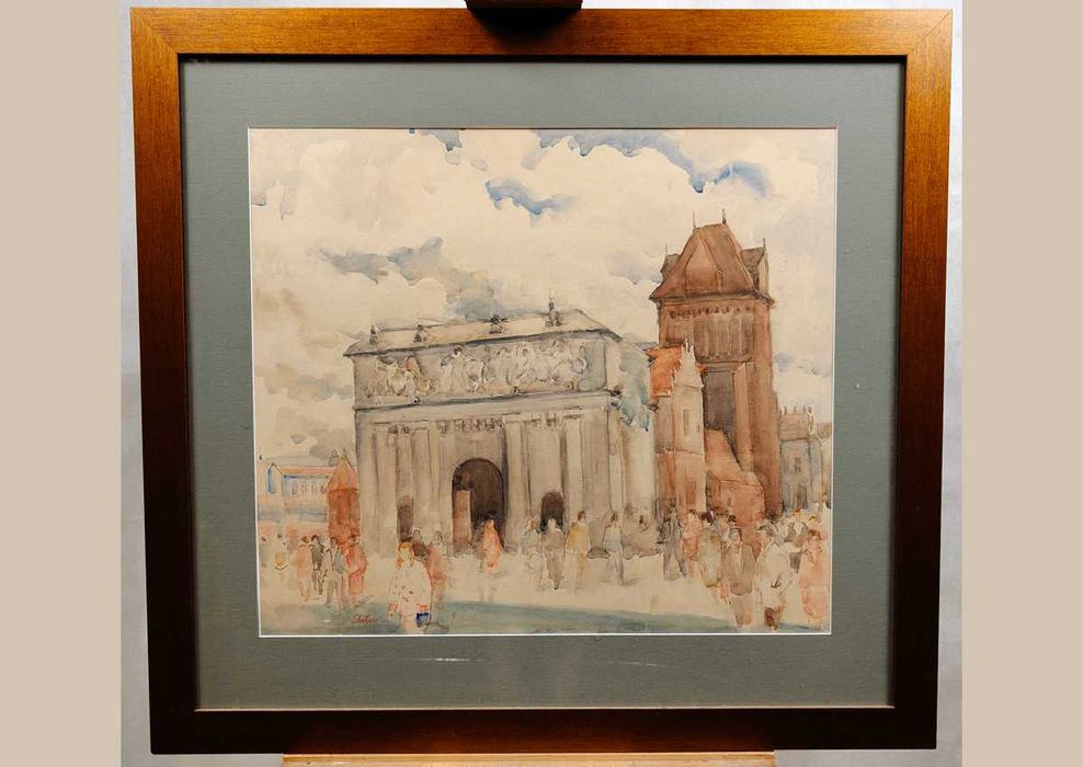 Obraz akwarela Brama Wyżynna w Gdańsku Erwin Elster, sygnowany