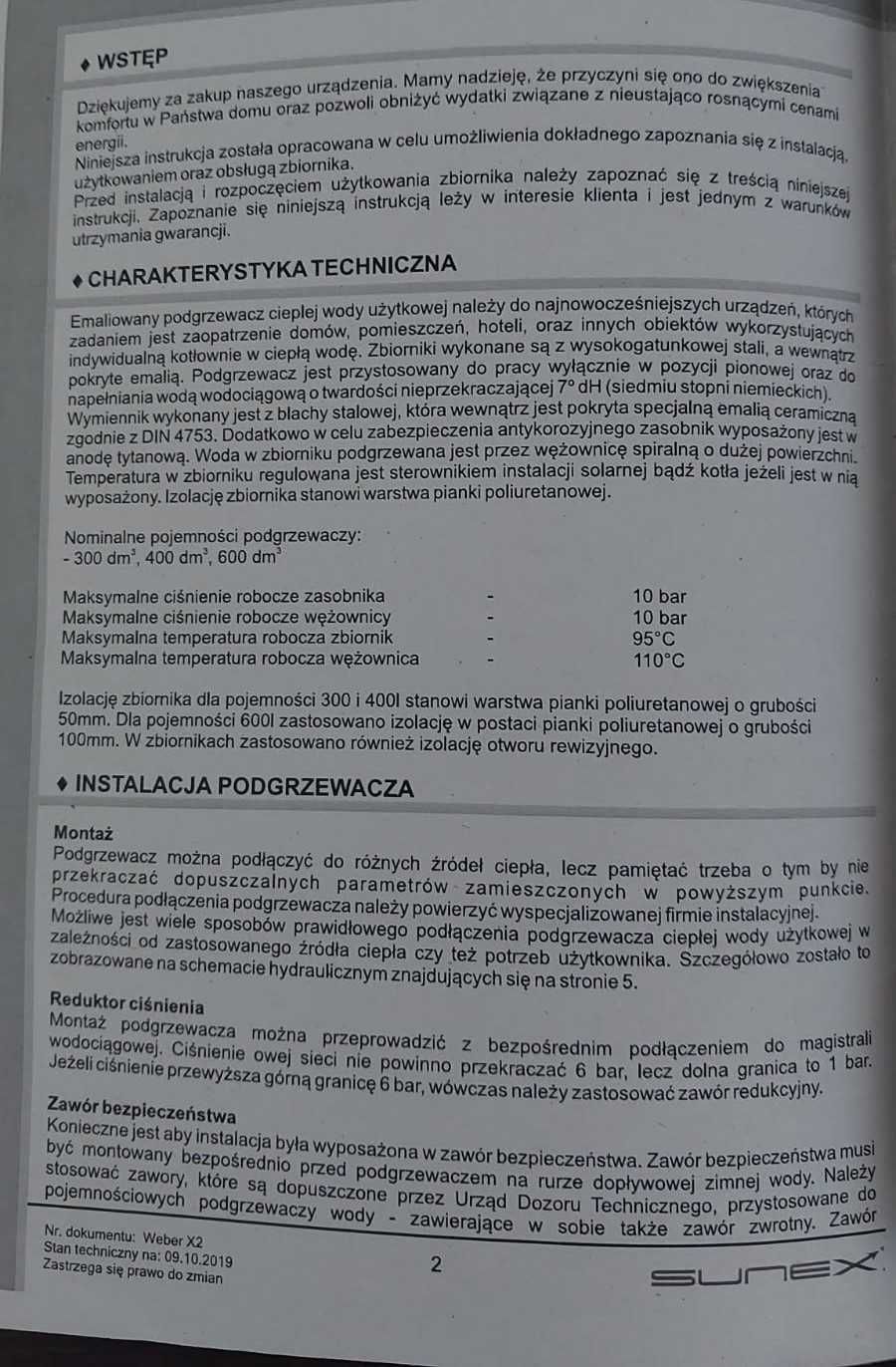 Bojler emaliowany 400l Sunex Weber 2