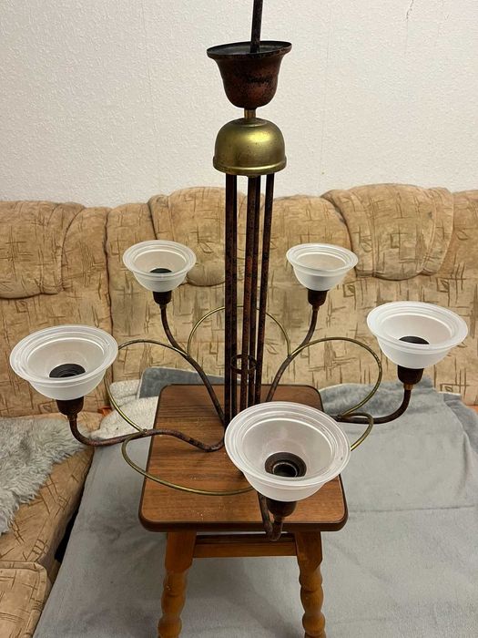 Ретро люстра. Медь, латунь (винтаж) на 5 плафонов (бело-серых).