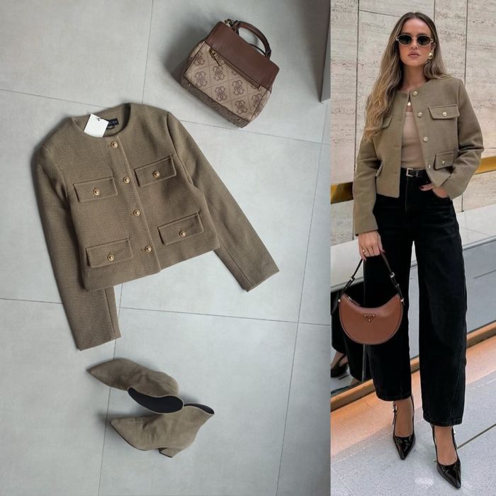 Zara marynarka khaki s 36 złote guziki old money
