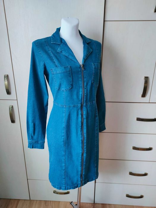 John Baner NOWA niebieska sukienka jeansowa 40 L ołówkowa długi rękaw