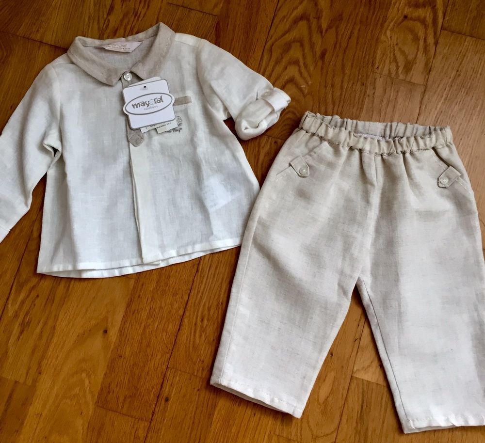 Набор для мальчика Mayoral лен 2-4 месяца штаны и рубашка для крещения
