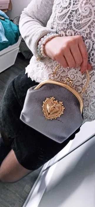 Torebka damska welurowa aksamit na zatrzask elegancka szara.NA WESELE.