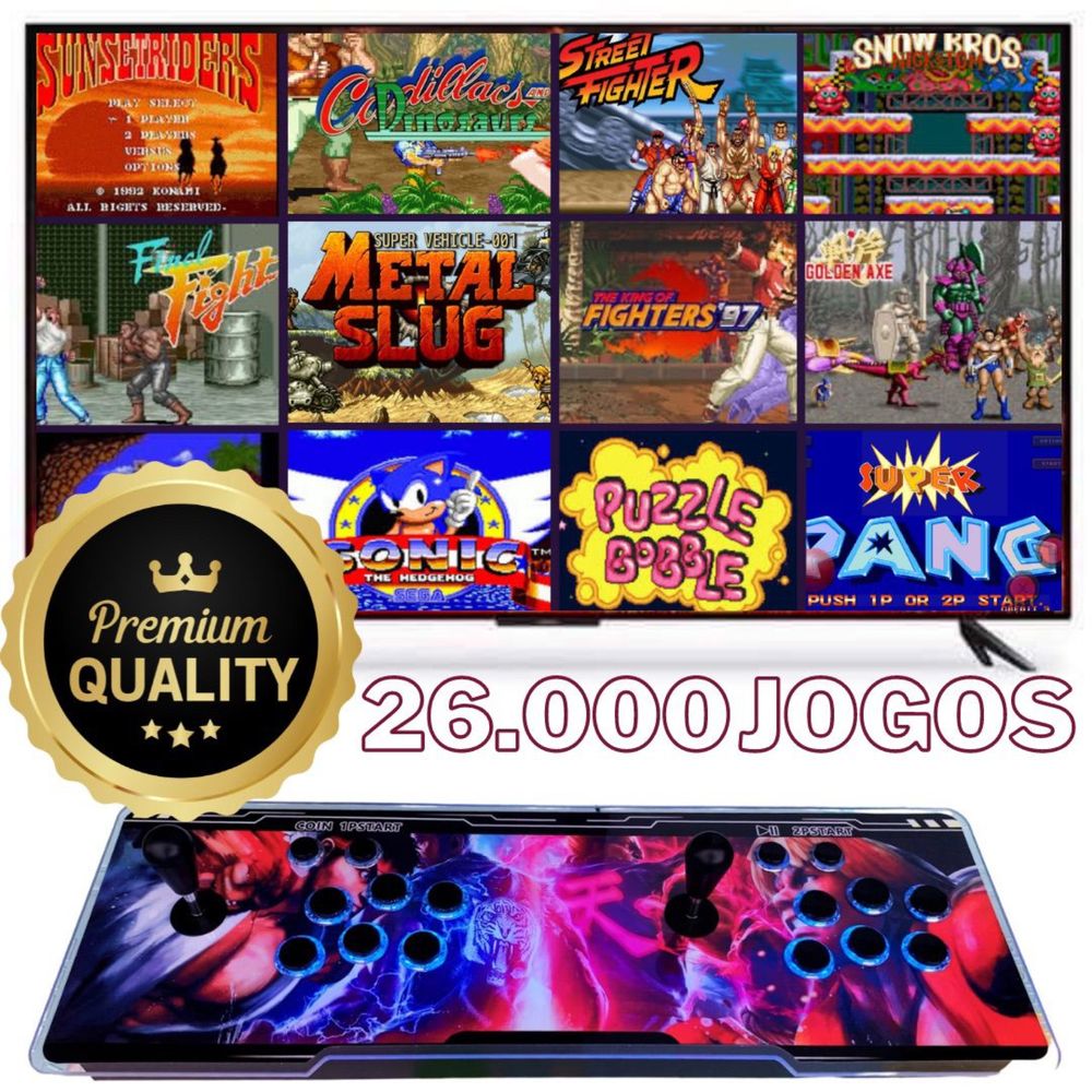 Pandora box com 26800 jogos, sistema de som incorporado, leds e botões iluminados