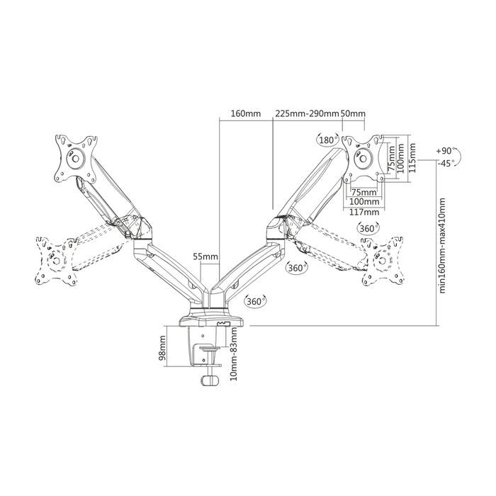 Uchwyt biurkowy gazowy 2 monitory LED LCD 13-27 cala PIVOT UM-116