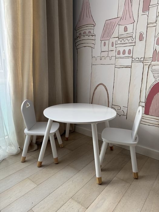STOLIK DLA DZIECI BIAŁY OKRĄGŁY 43X60, Krzesło dziecięce x2