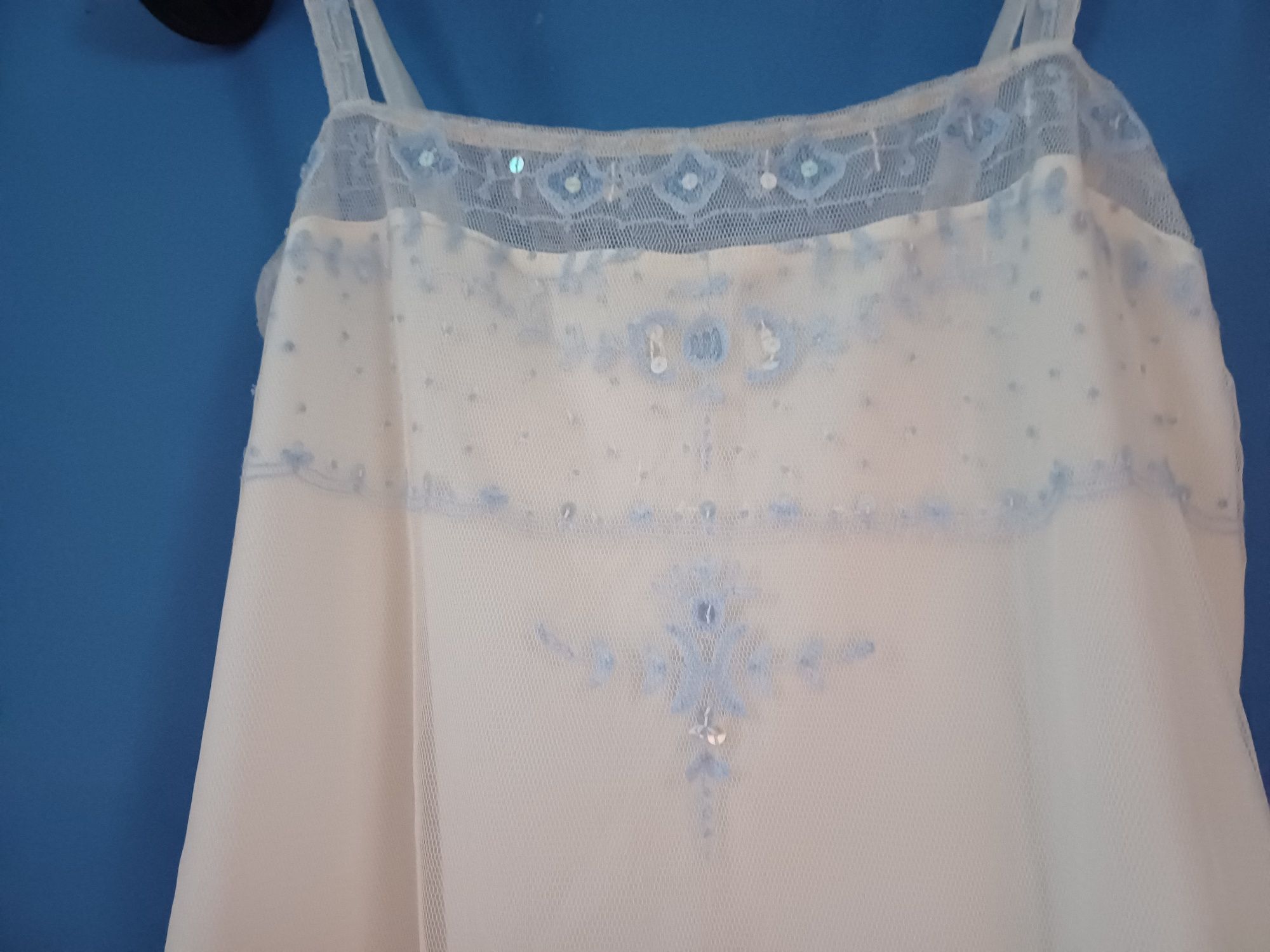 Przepiękna Oasis bluzka koszulka top lata 20 niebieskie zdobienia cek