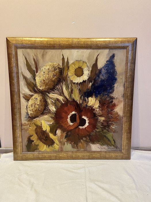 Duży obraz olejny kwiaty bukiet kwiatów 93 x 93