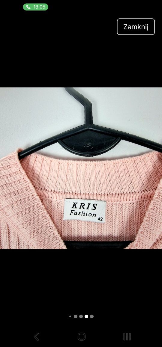 Śliczny elegancki pudrowy róż różowy sweterek 50% Merino wool 42 XL 14