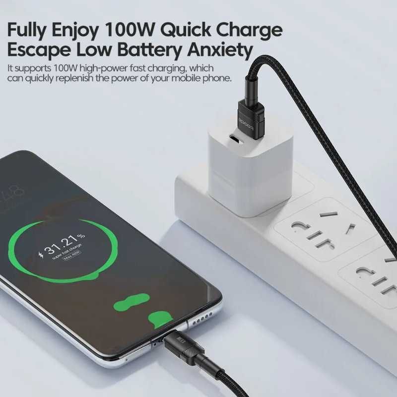 Przewód 2m Toocki - USB-C do USB-A - Kabel z Oplotem - Czarno-Zielony