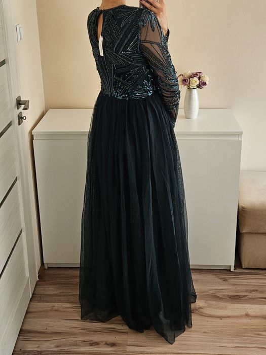 Sukienka maxi Coast 38 M butelkowa zieleń tiulowa zdobiona cekiny