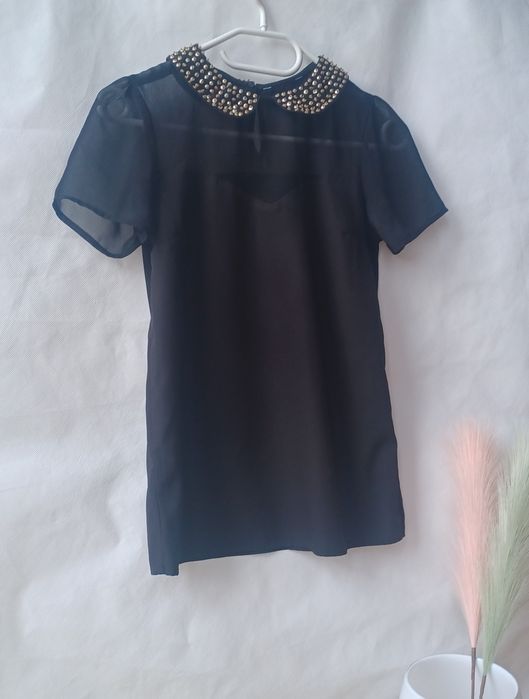 Śliczna koszula bluzka krótki rękaw XS 34 czarna kołnierzyk cekinowy