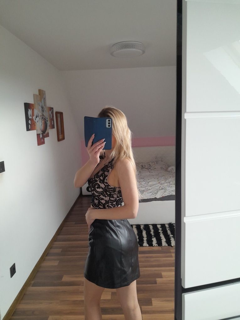 Skórzana spódnica mini woskowana wysoki stan elegancka sexy kobieca