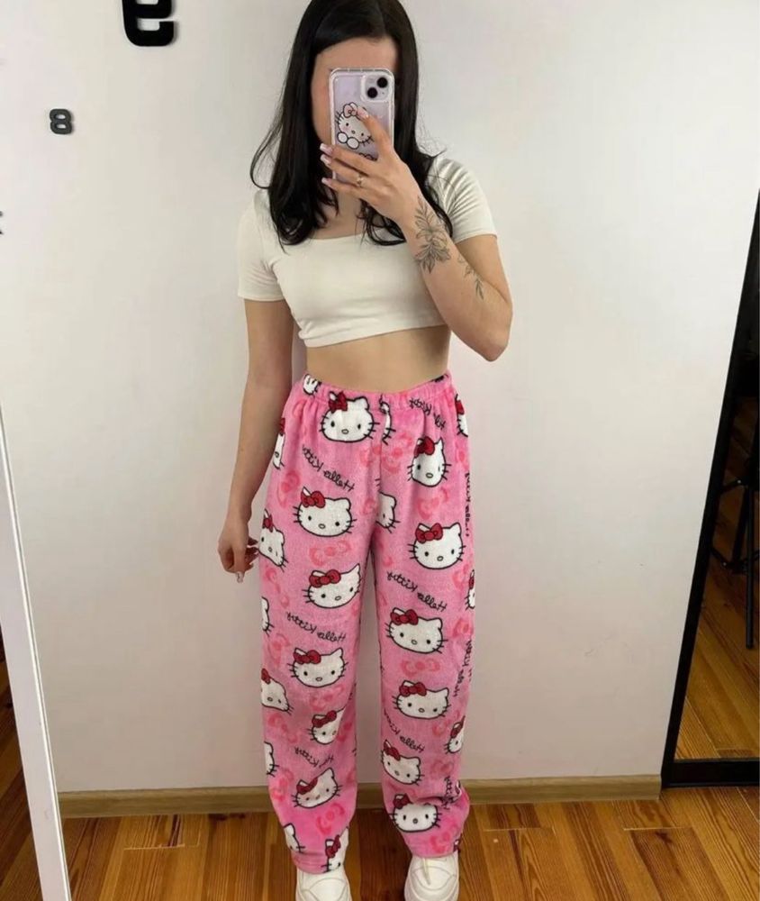 Плюшеві піжамні Штани Hello Kitty дитячі дорослі пижамные штаны китти