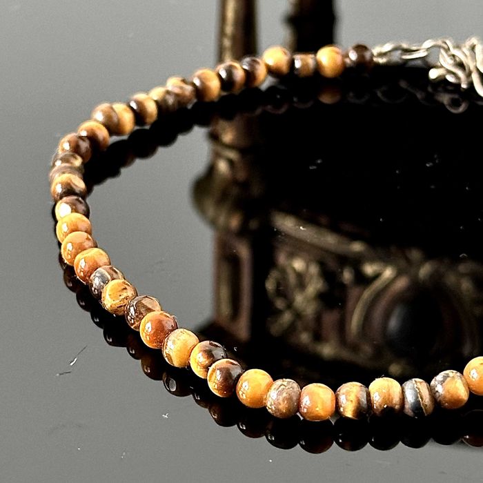 Bransoletka srebra na nogę, naturalne Tygrysie Oko, srebra próby 800