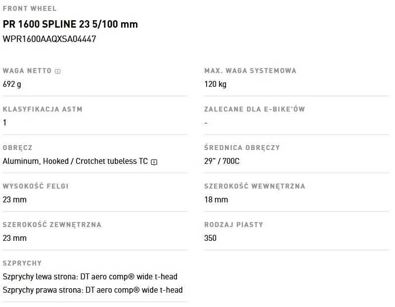 Nowe Koło DT SWISS PR 1600 Spline 28 cali Szosowe ALU Przednie