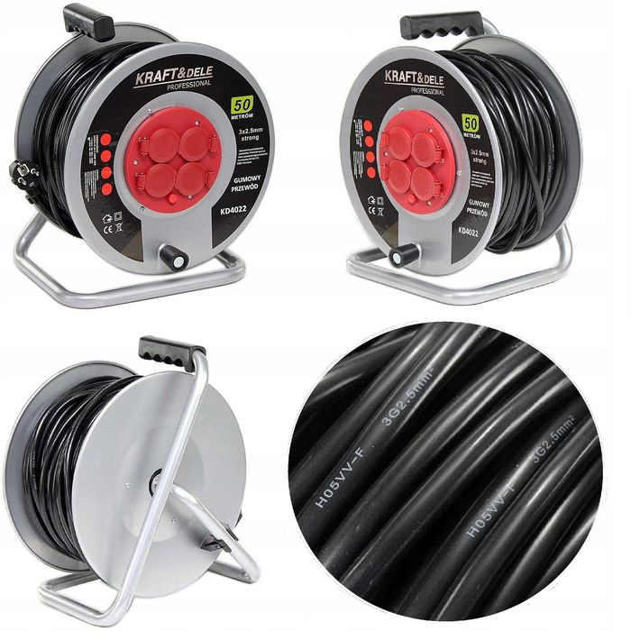 Przedłużacz  bębnowy zwijak 50m 4 gniazda metalowy stelaż i bęben