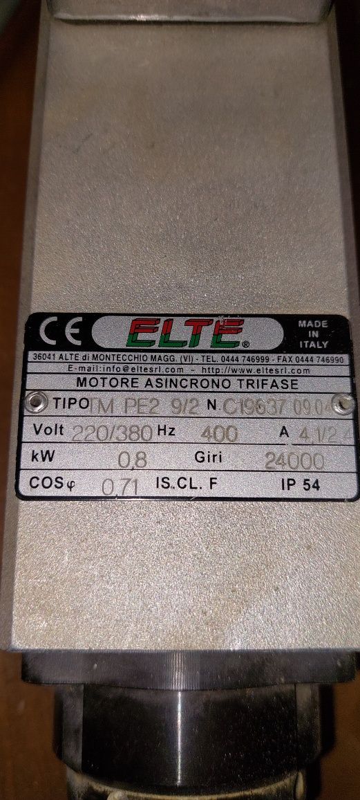Wrzeciono ploter frezarka włoskie ELTE 0.8 kW. 24 tys obr. 230v