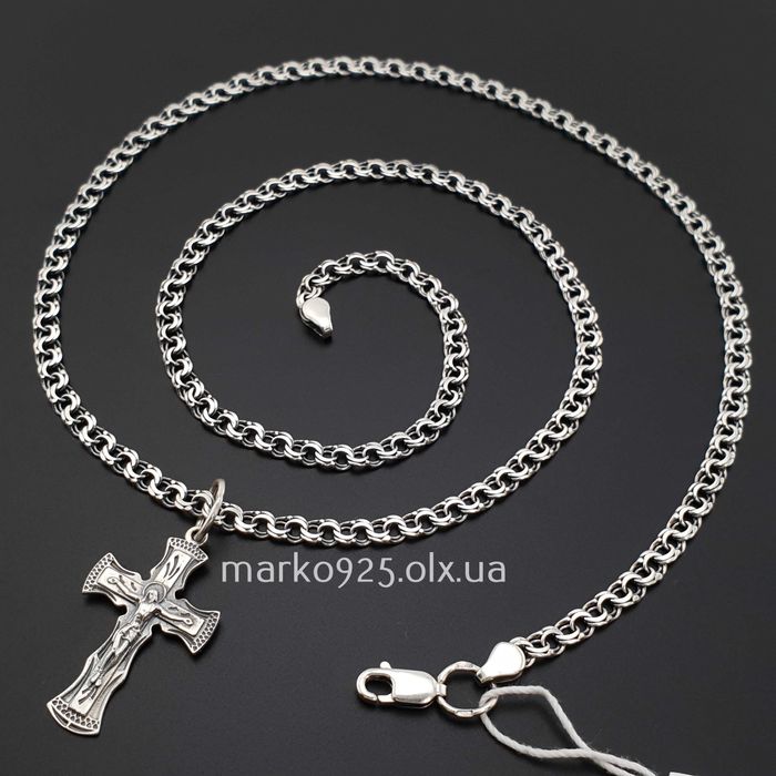 Срібна чоловіча цепочка ланцюжок Бісмарк з хрестиком кулоном 925 проба