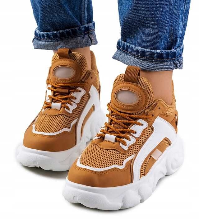 Brązowe sneakersy wysoka podeszwa camel 39