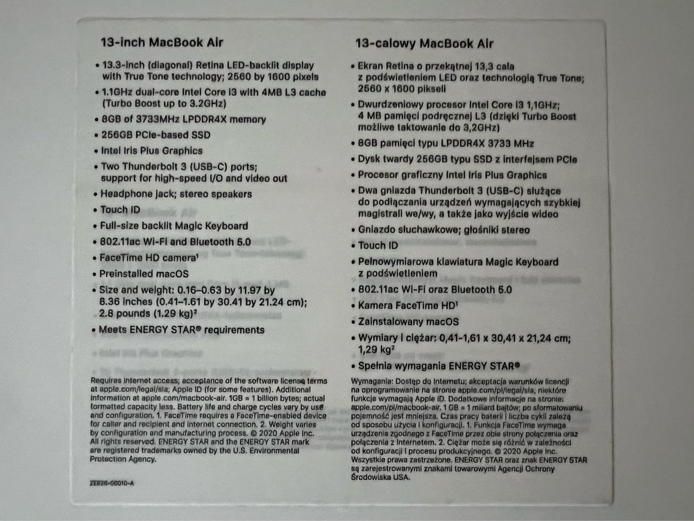 MacBook Air 13”, 256 GB, i3 1.1 Ghz, 8 GB RAM, Rzeszów