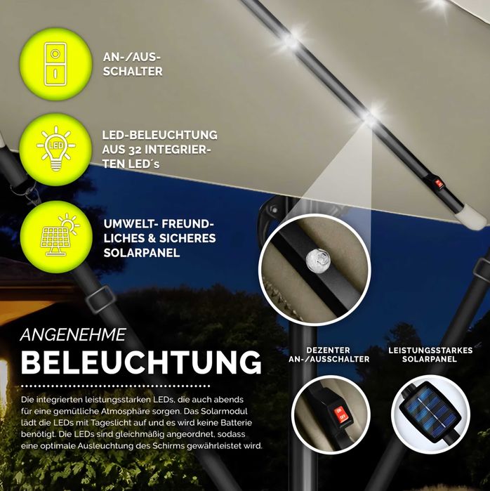Parasol ogrodowy z oświetleniem LED 300x247cm ALU UV obrotowy j.brąz