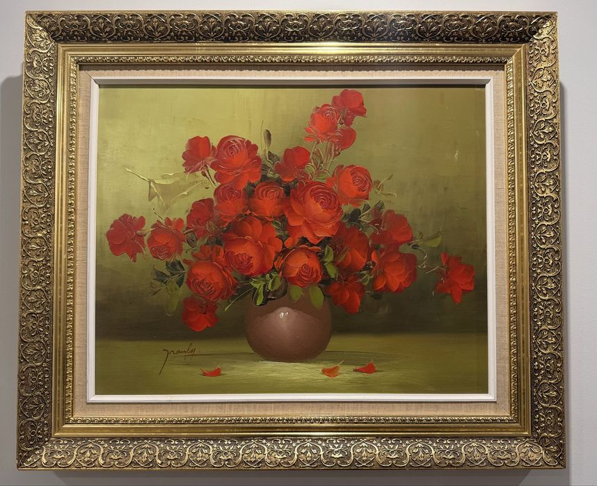 Obraz olejny „Bukiet czerwonych róż” w zlotej ramie