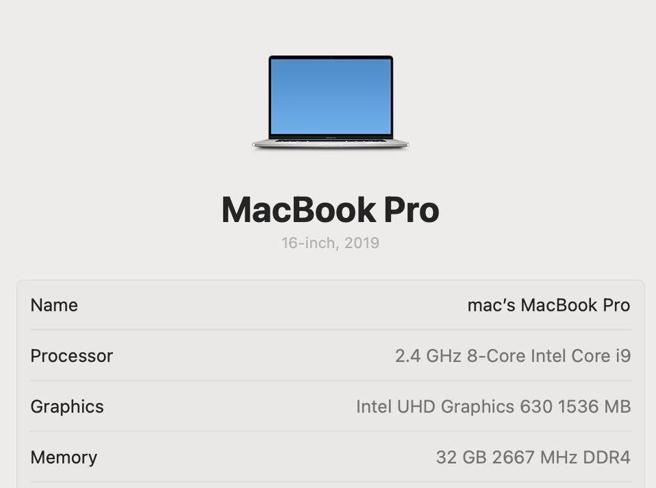 MacBook Pro 16 2019 Intel i9 32GB RAM 512GB Radeon 5500 4Gb