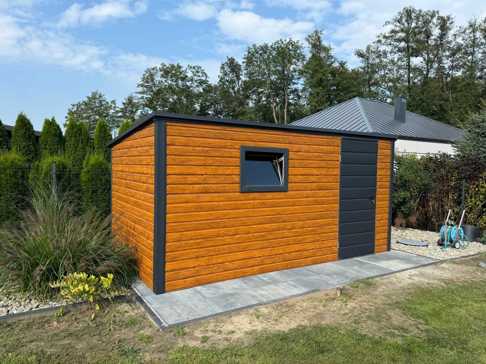 Garaż blaszany/schowek ogrodowy 3x2m, złoty dąb + grafit, profil ocynk