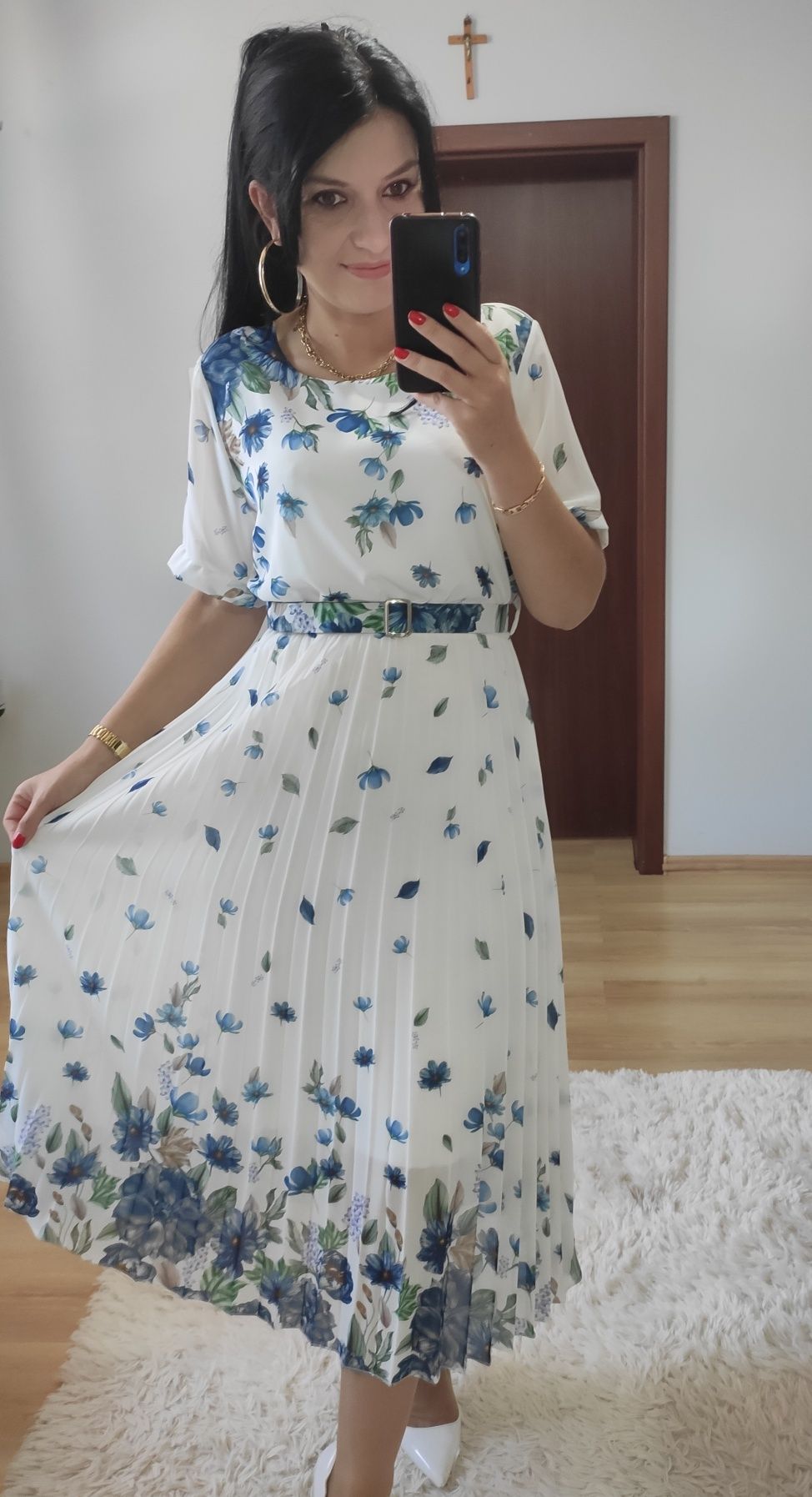 Sukienka MIDI w kwiaty pasek wesele komunia chrzciny