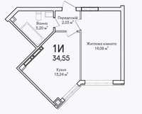 Однокімнатна квартира 37500 грн/м² з просторою кухнею 13.24м². Ірпінь.