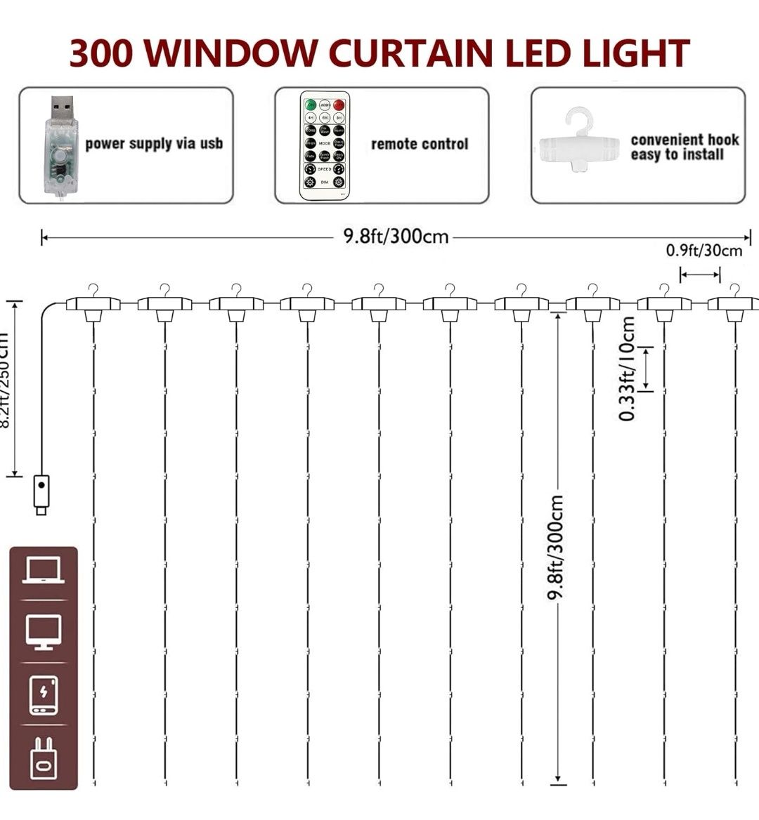 LAMPKI NA DRUCIE białe ciepłe 300 LED 3 metry z pilotem