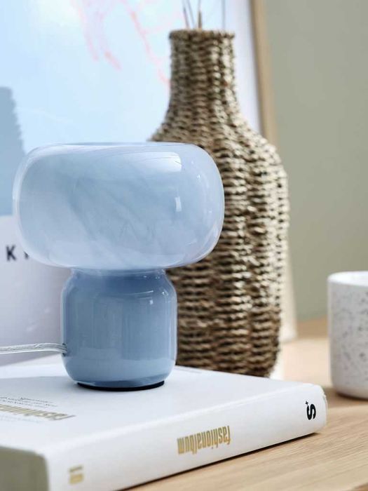 niebieska szklana lampa stołowa szkło grzybek mushroom glass