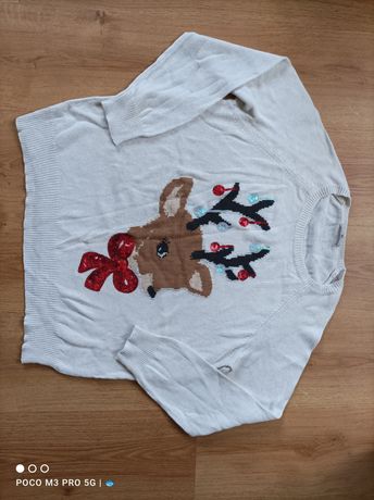 Sweter świąteczny xxxl 46 18 z reniferem cekiny kremowy