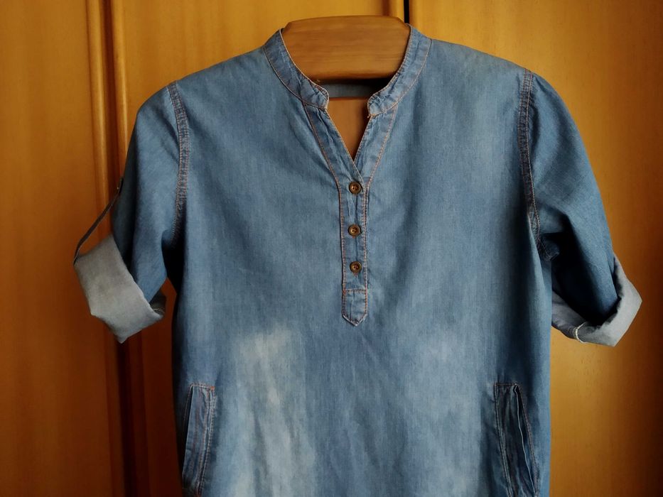 (PORTES GRÁTIS) Vestido de Ganga com Bolsos e Manga com Presilha